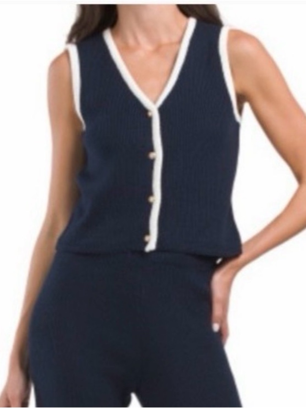 Sincerely Jules Navy + White Sleeveless Button-Front Knit Top